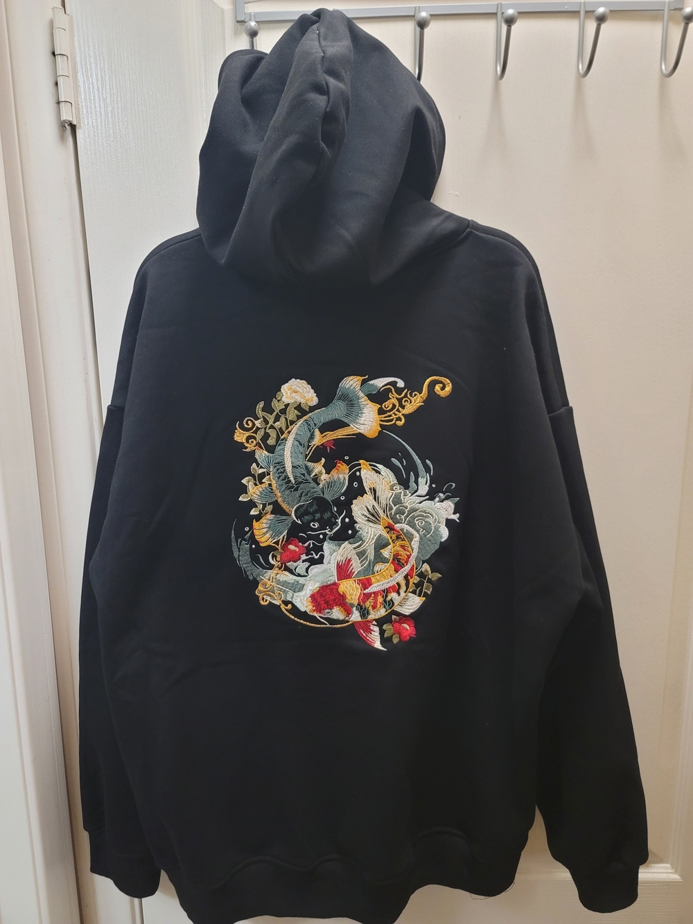 Black Zip-Up Hoodie with Embroidered Yin-Yang Koi Motif - NWT / XL